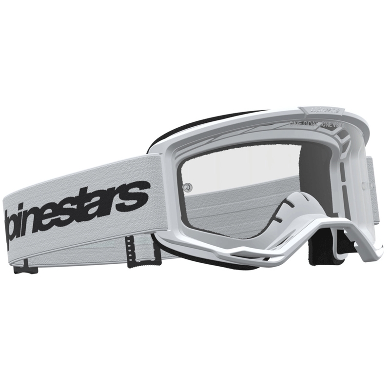Gafas de motocross Alpinestars Vision 3 Wordmark blancas y negras con plexiglás transparente