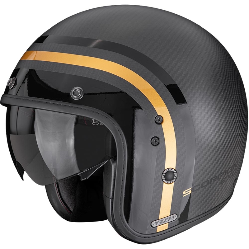 Casco de moto abierto Scorpion Belfast II Carbon Regal, negro mate-dorado.