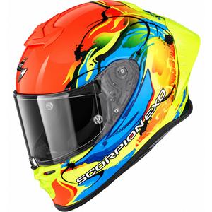 Casco integral de moto Scorpion EXO-R1 EVO II Air Thrust, rojo flúor, azul flúor y amarillo flúor.