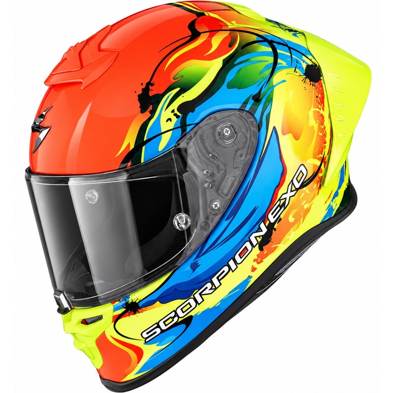 Casco integral de moto Scorpion EXO-R1 EVO II Air Thrust, rojo flúor, azul flúor y amarillo flúor.