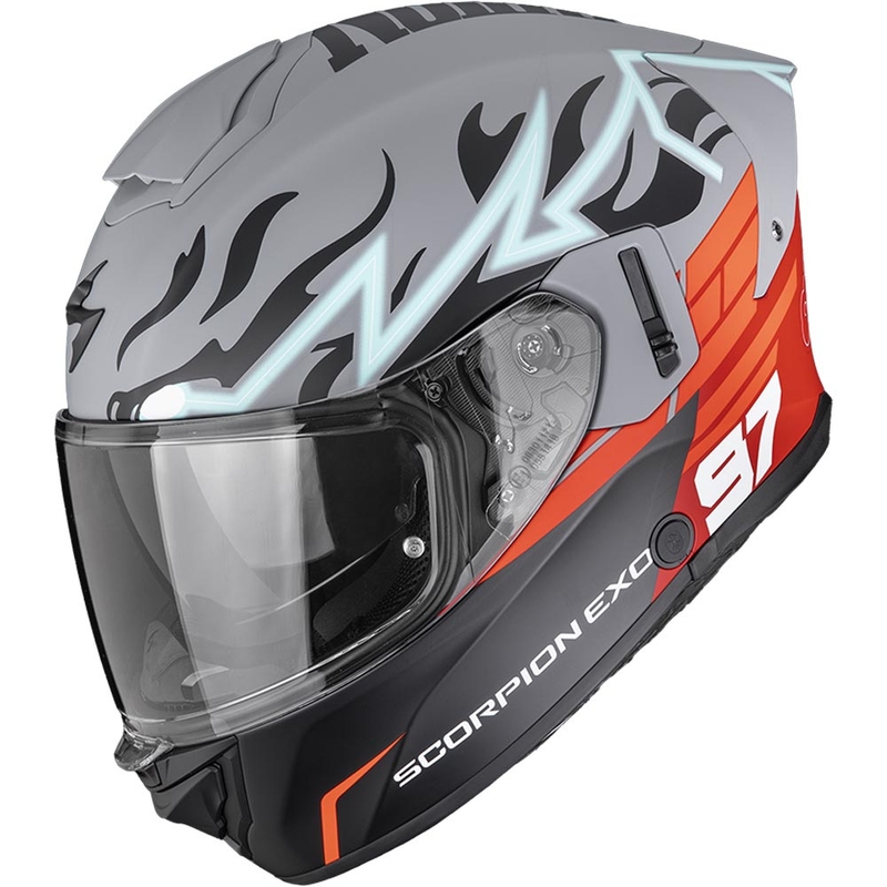 Casco integral de motocicleta Scorpion EXO-530 Air JSK 97, color gris mate-rojo.