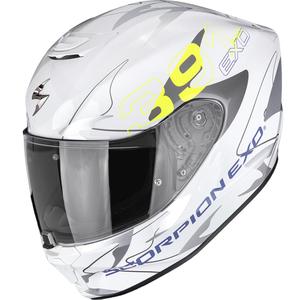 Casco integral de moto Scorpion EXO-391 Key, color blanco, plateado y amarillo flúor.