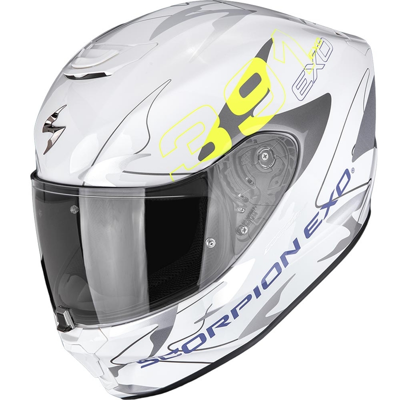 Casco integral de moto Scorpion EXO-391 Key, color blanco, plateado y amarillo flúor.