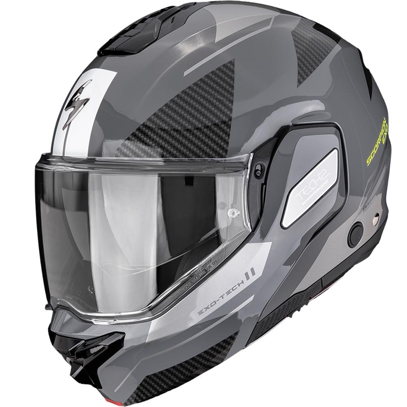 Casco de moto abatible Scorpion EXO-TECH II Void, color amarillo flúor plateado.