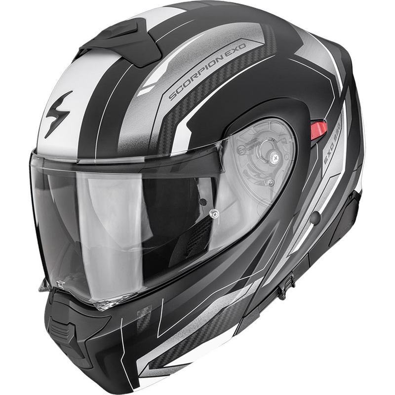 Casco de moto abatible Scorpion EXO-930 EVO Space, negro mate, plata y blanco.