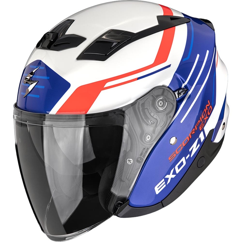 Casco de moto abierto Scorpion EXO-Z1 Prymus blanco-azul-rojo