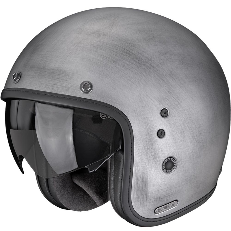Casco de moto abierto Scorpion Belfast II Scratch, color plata.