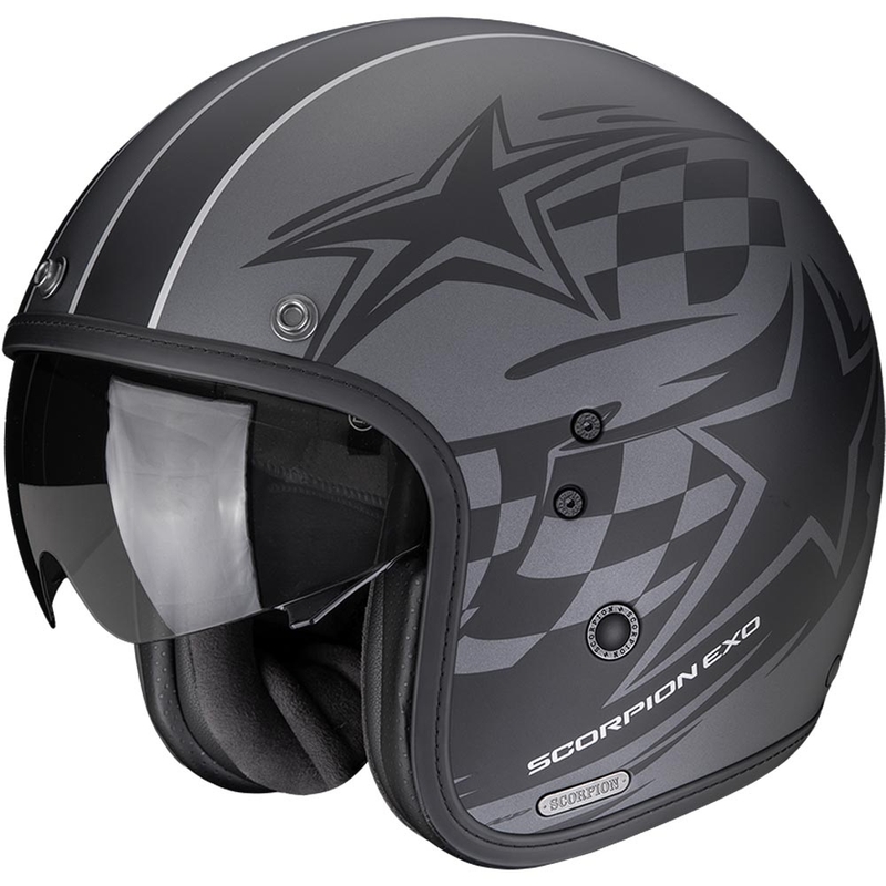 Casco de moto abierto Scorpion Belfast II Flagstone, color plata mate-negro.