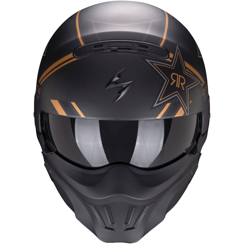 Casco abierto con máscara Scorpion EXO-COMBAT EVO Rockstar negro-oro
