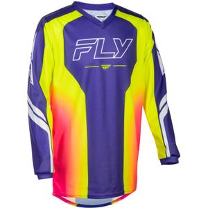 Camiseta de motocross infantil FLY Racing F-16 Raze, color morado, rojo y amarillo.