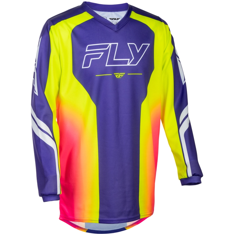 Camiseta de motocross infantil FLY Racing F-16 Raze, color morado, rojo y amarillo.