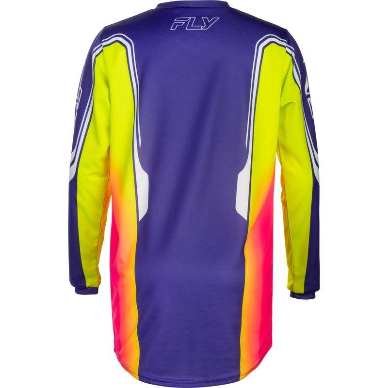 Camiseta de motocross infantil FLY Racing F-16 Raze, color morado, rojo y amarillo.