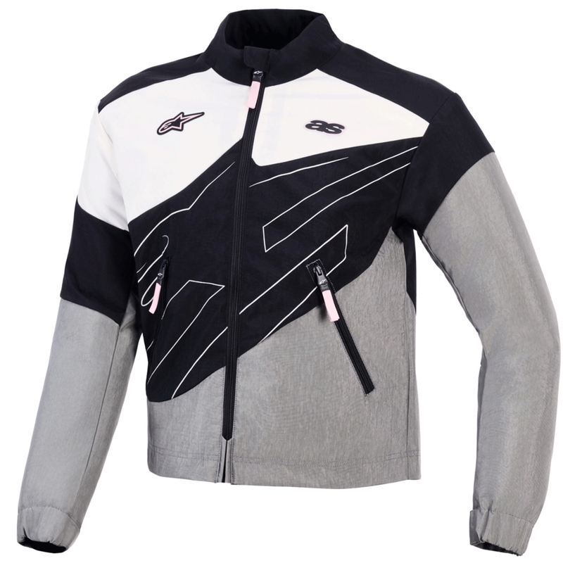 Chaqueta de moto Alpinestars Stella Moshell para mujer, color negro, gris, blanco y rosa.