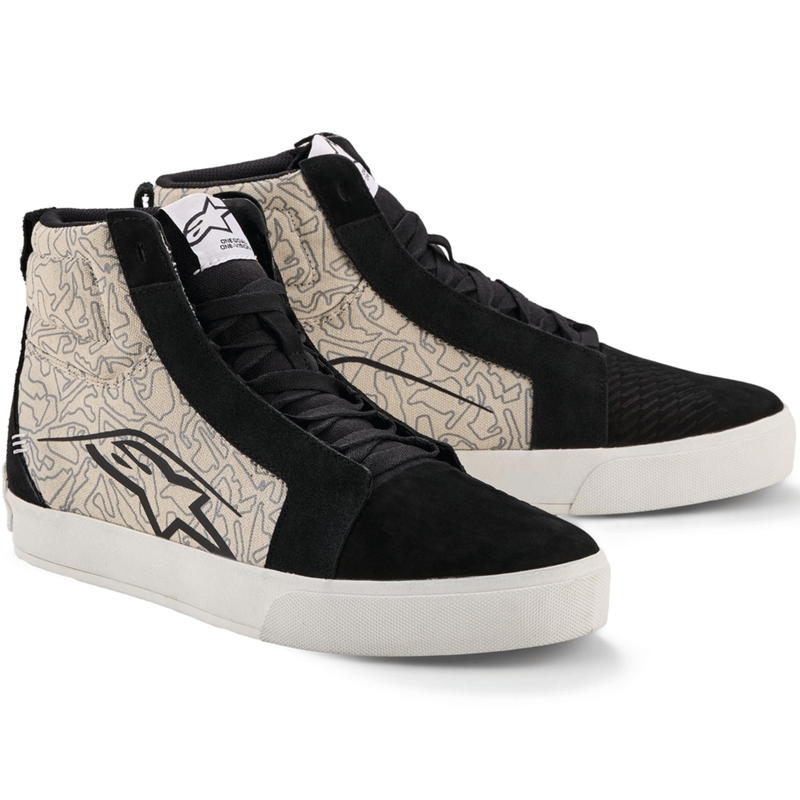 Botas de moto Alpinestars Ride-63 de lona, color negro, gris claro y blanco.