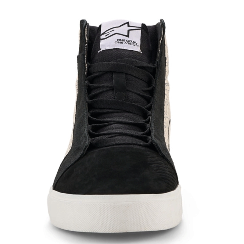 Botas de moto Alpinestars Ride-63 de lona, color negro, gris claro y blanco.