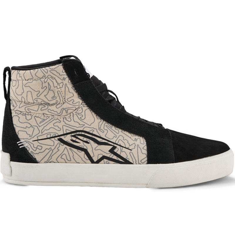 Botas de moto Alpinestars Ride-63 de lona, color negro, gris claro y blanco.