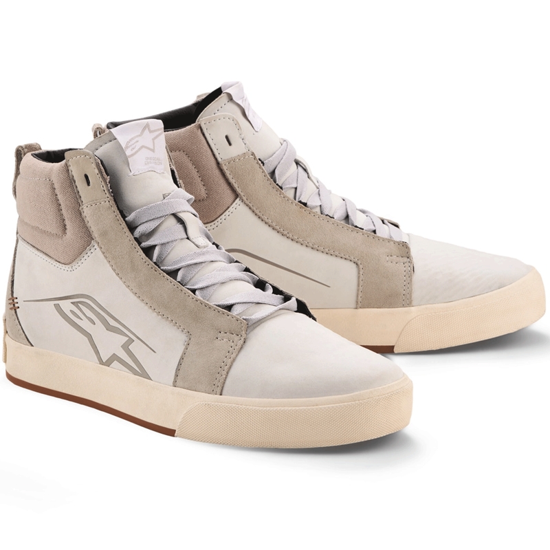 Botas de moto Alpinestars Ride-63 de cuero blanco, gris y marrón.