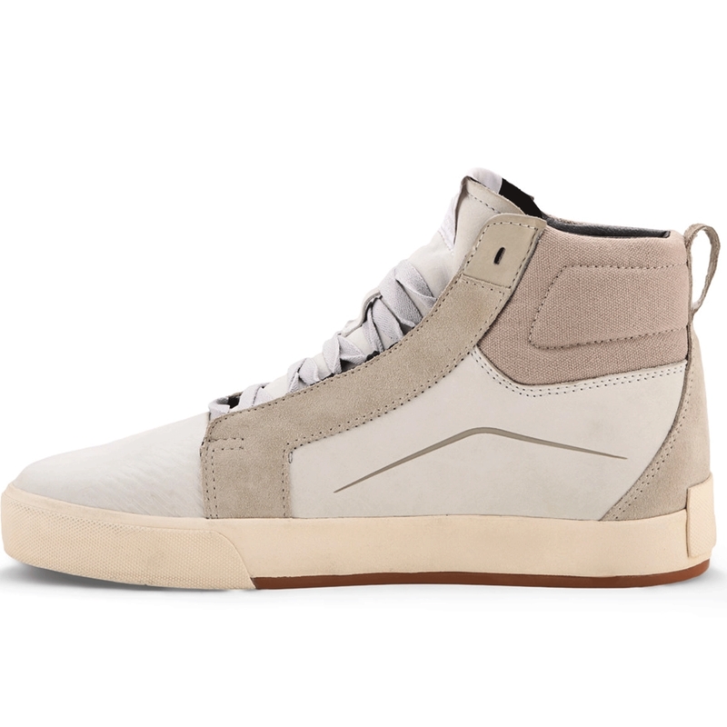 Botas de moto Alpinestars Ride-63 de cuero blanco, gris y marrón.
