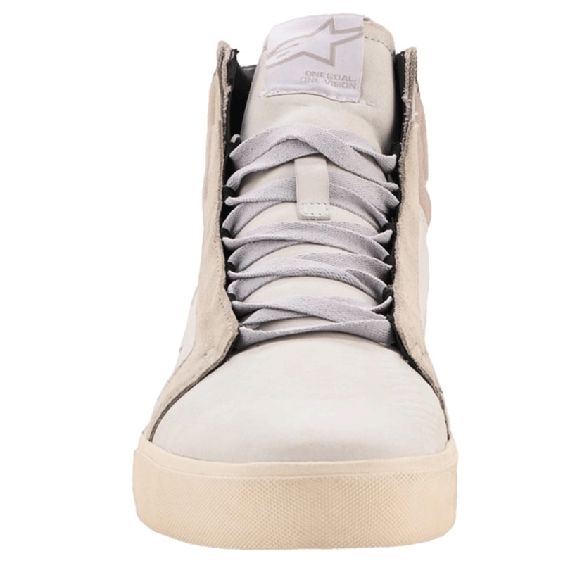Botas de moto Alpinestars Ride-63 de cuero blanco, gris y marrón.