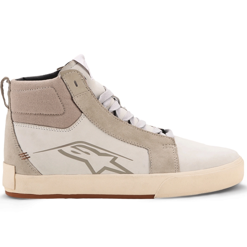 Botas de moto Alpinestars Ride-63 de cuero blanco, gris y marrón.