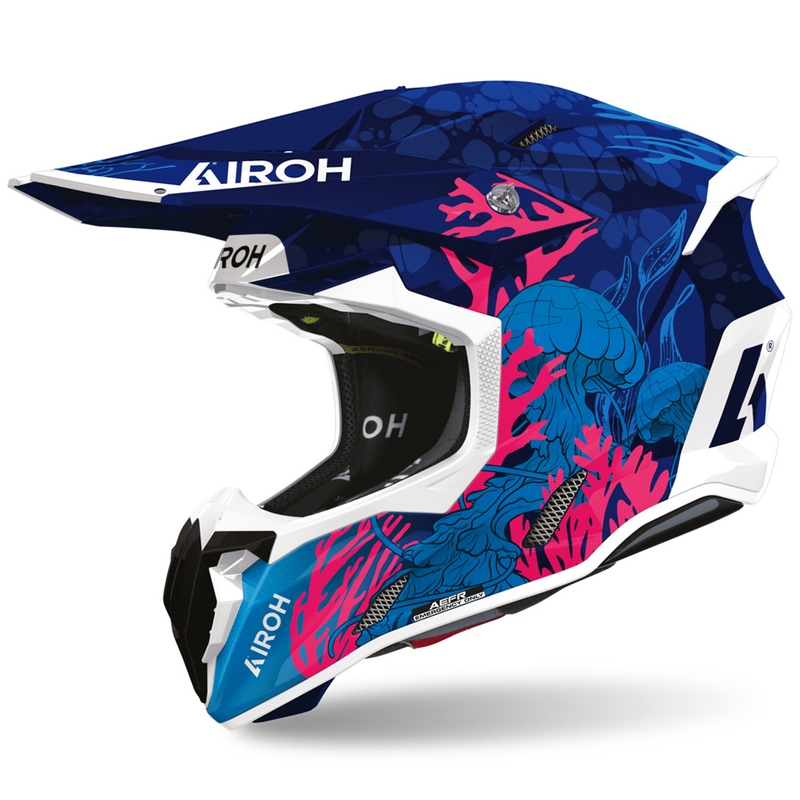 Casco de motocross Airoh Twist 3 para uso subacuático, color azul, blanco y rosa.