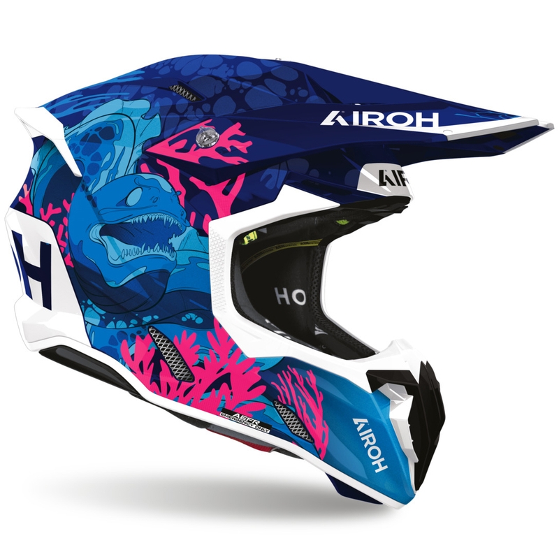 Casco de motocross Airoh Twist 3 para uso subacuático, color azul, blanco y rosa.