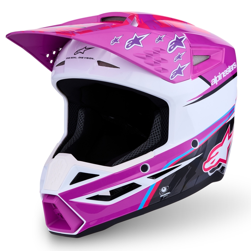 Casco de motocross infantil Alpinestars S-M3 Falcon, color morado, blanco y negro.