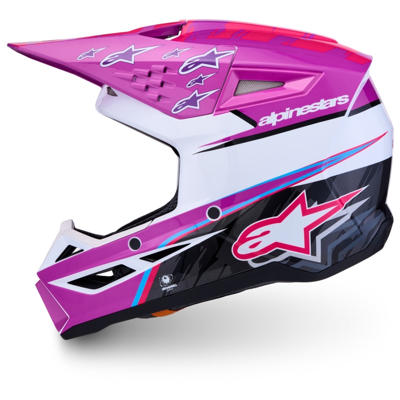 Casco de motocross infantil Alpinestars S-M3 Falcon, color morado, blanco y negro.
