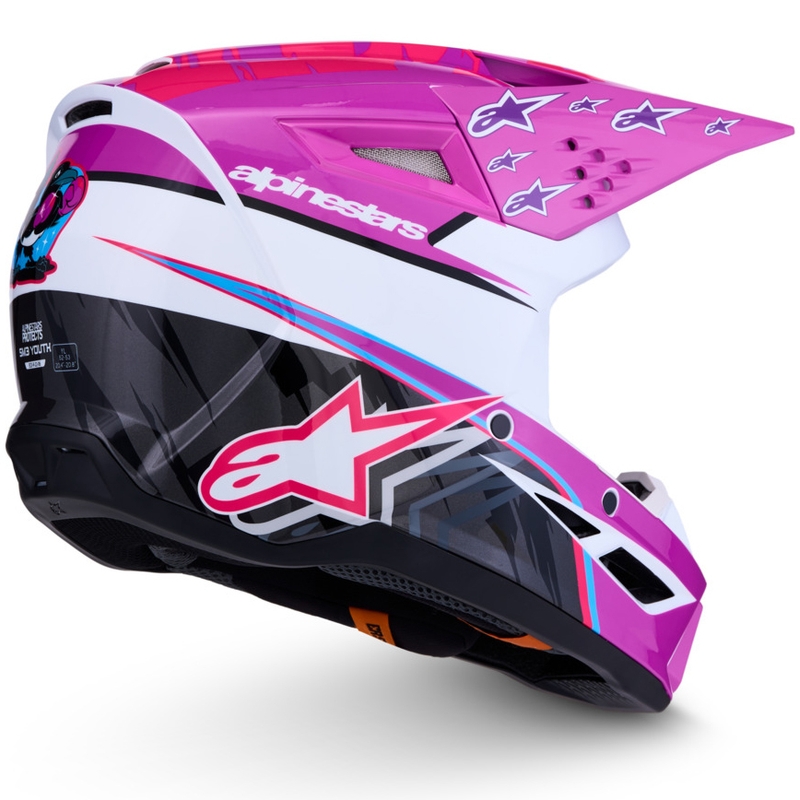 Casco de motocross infantil Alpinestars S-M3 Falcon, color morado, blanco y negro.