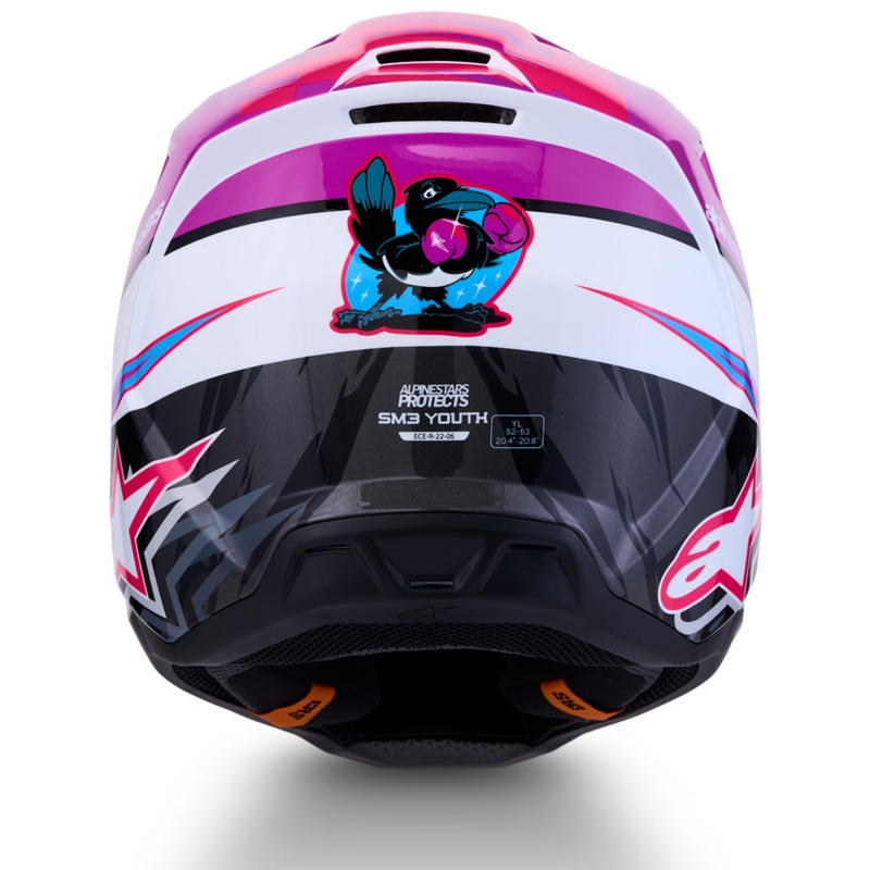 Casco de motocross infantil Alpinestars S-M3 Falcon, color morado, blanco y negro.