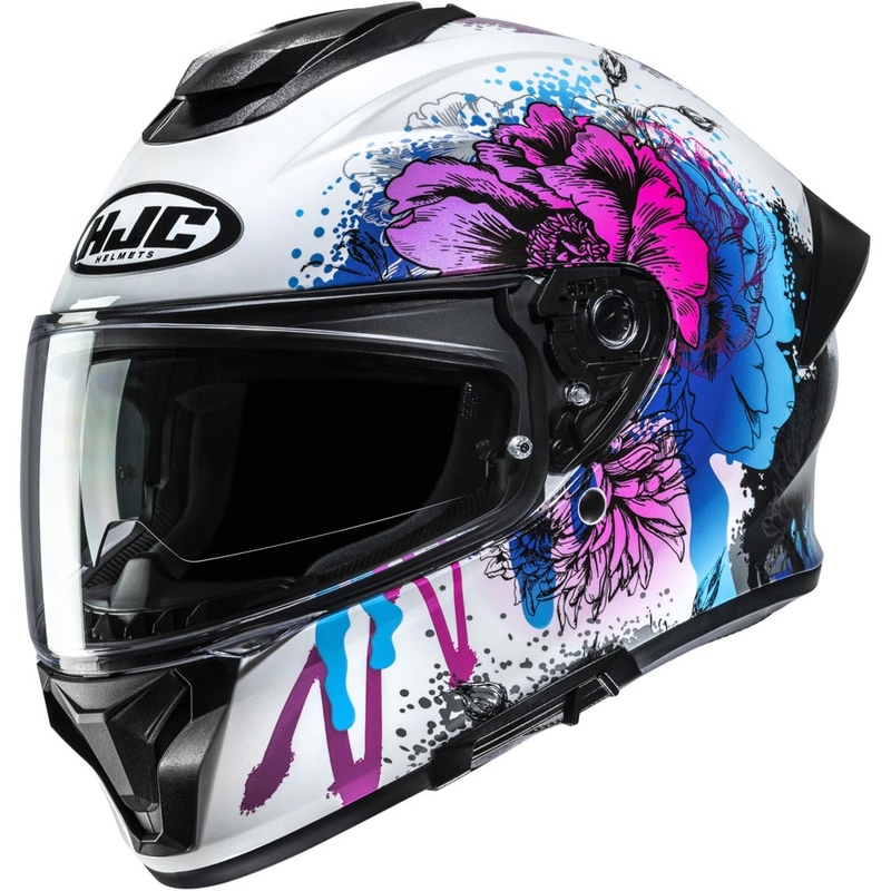 Casco integral de motocicleta HJC C71 Roko MC28 de color blanco.