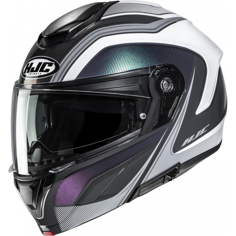 Casco de motocicleta abatible HJC C92 Sirius MC10 de color blanco y negro.