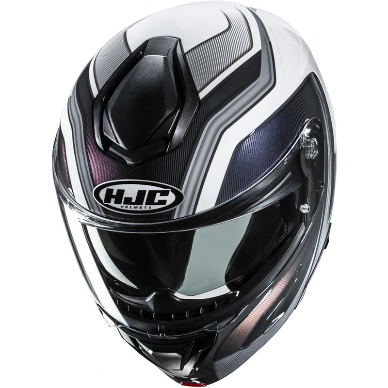 Casco de motocicleta abatible HJC C92 Sirius MC10 de color blanco y negro.