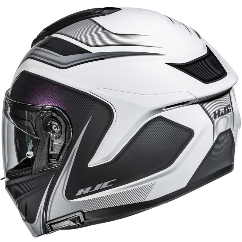 Casco de motocicleta abatible HJC C92 Sirius MC10 de color blanco y negro.