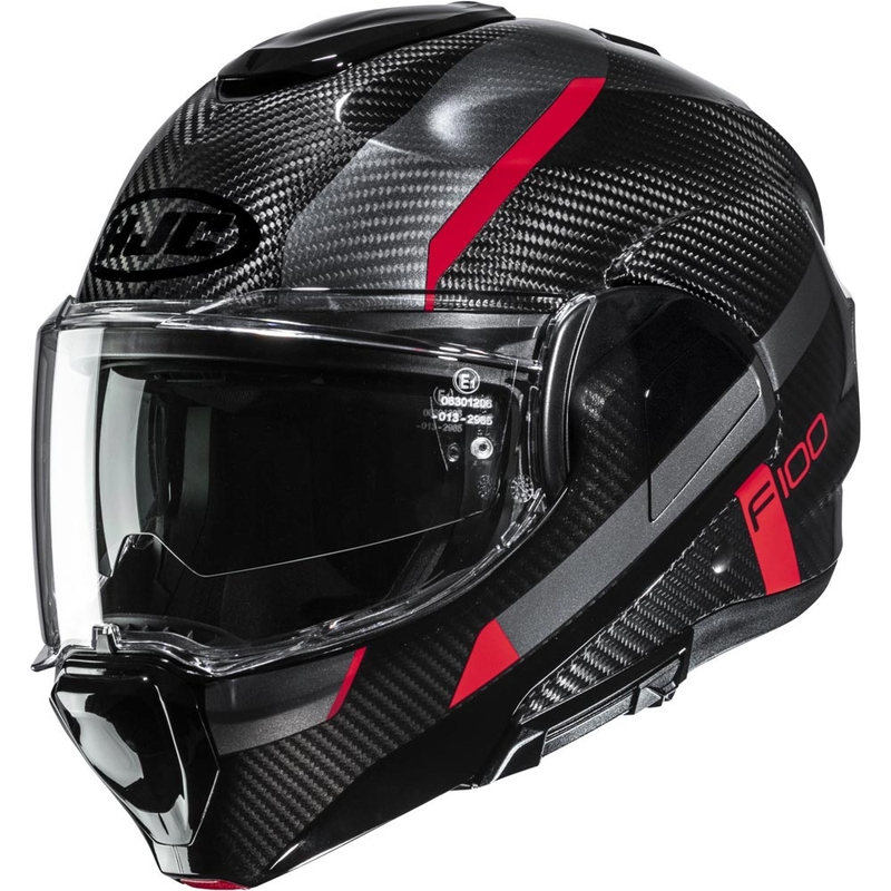 Casco de moto abatible HJC F100 Carbon Askan MC1 negro-rojo